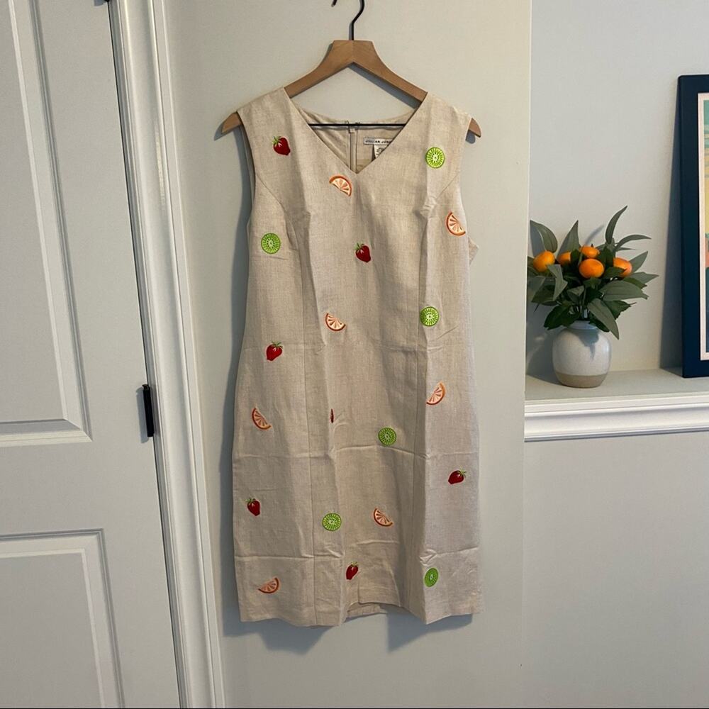 Vintage Jillian Jones Tan Neutral Fruit Embroidered Mini Dress 14 - Picture 4 of 16
